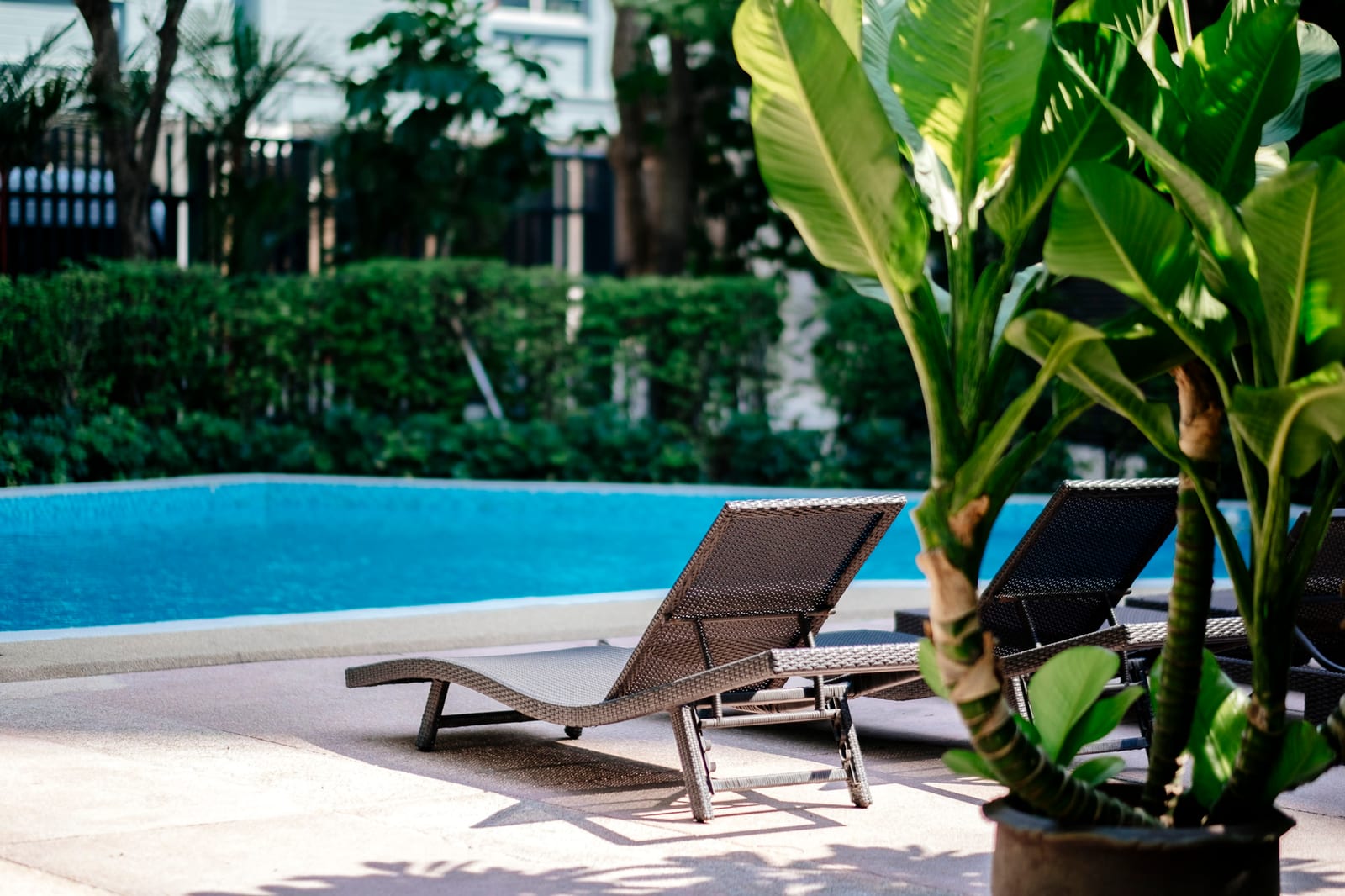 Poolside deckchair set beside calm turquoise water
