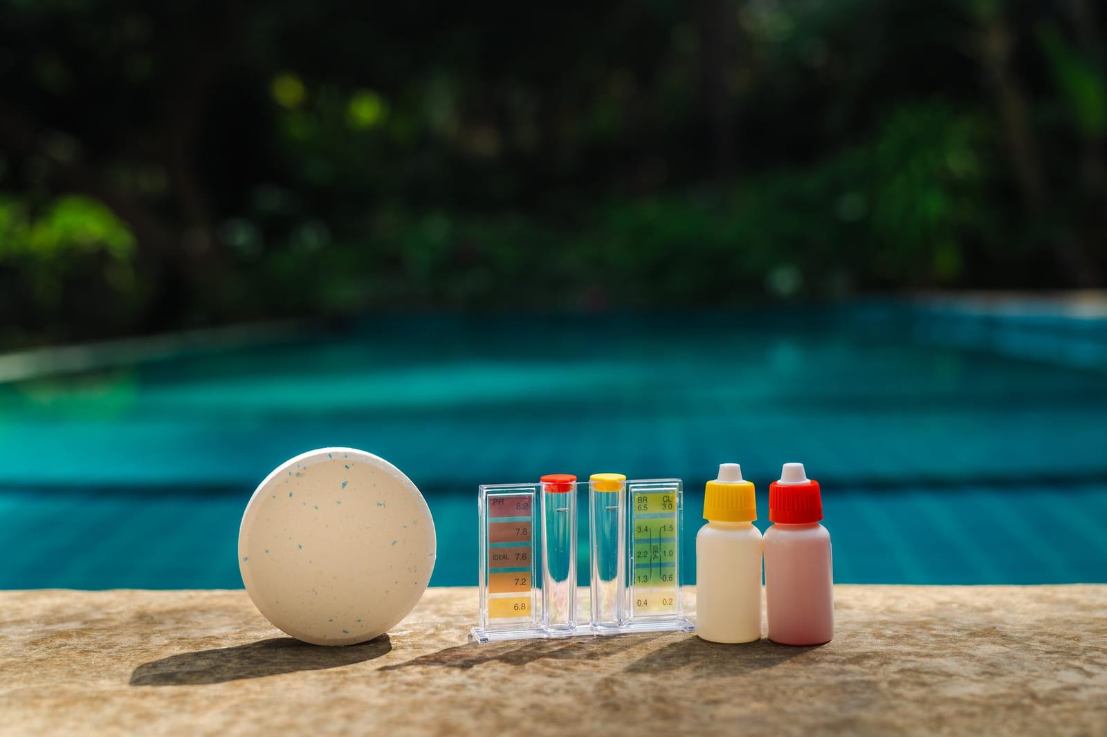 Water-testing kit with reagent bottles on a pool edge