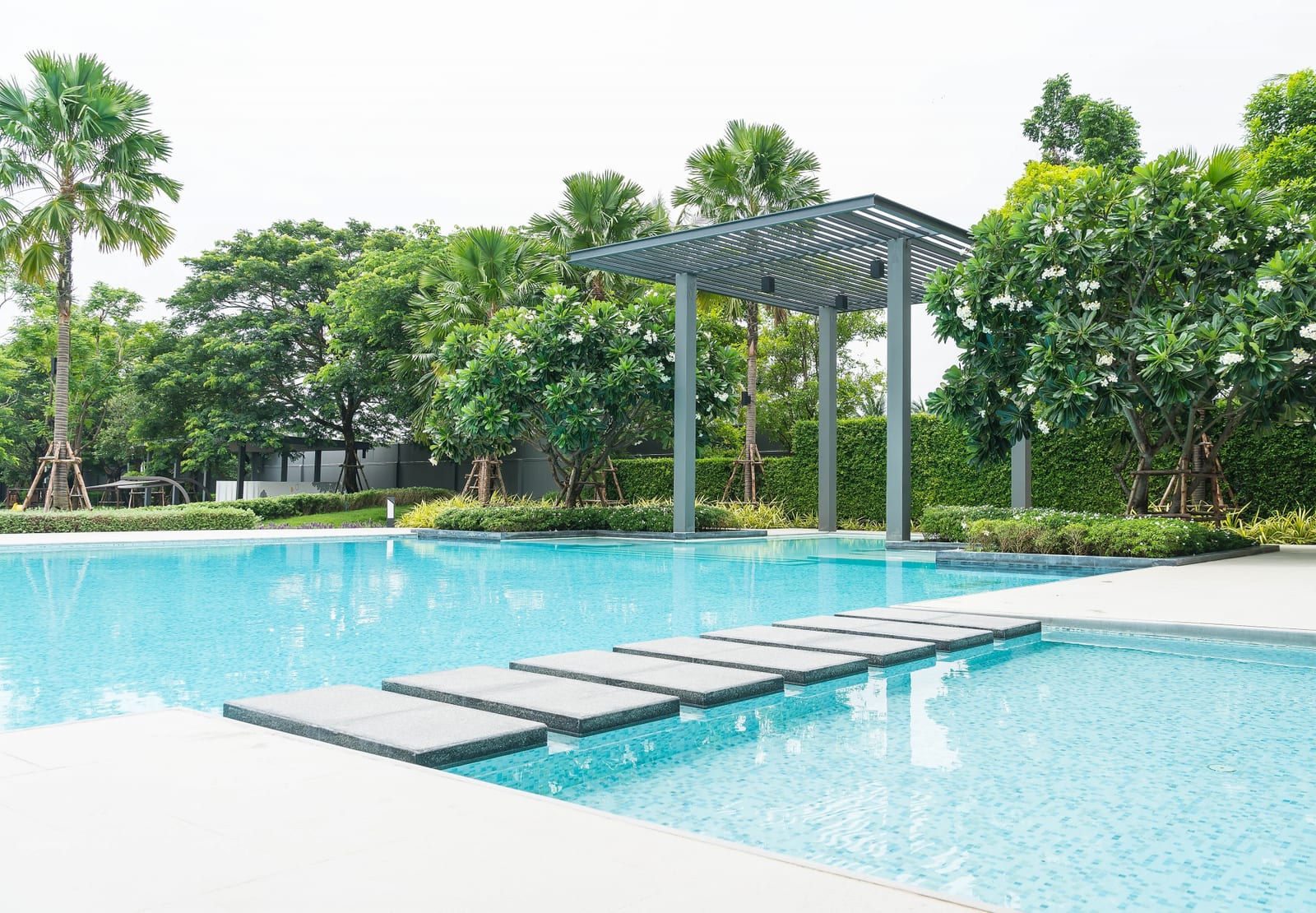 Backyard pool and patio with mature landscaping