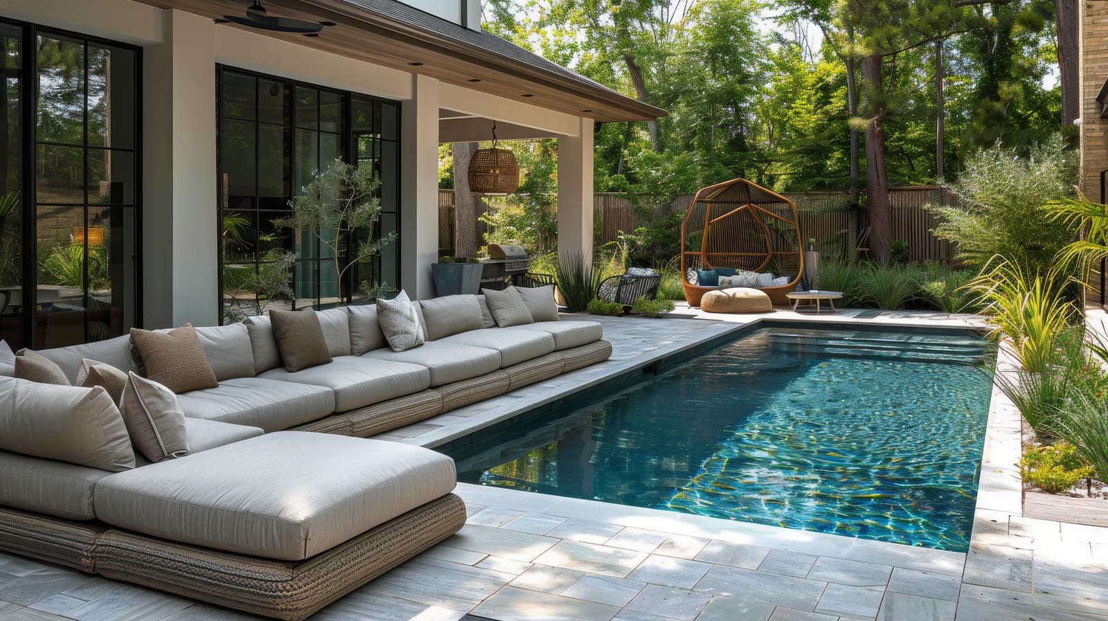 Backyard oasis pool surrounded by lush greenery